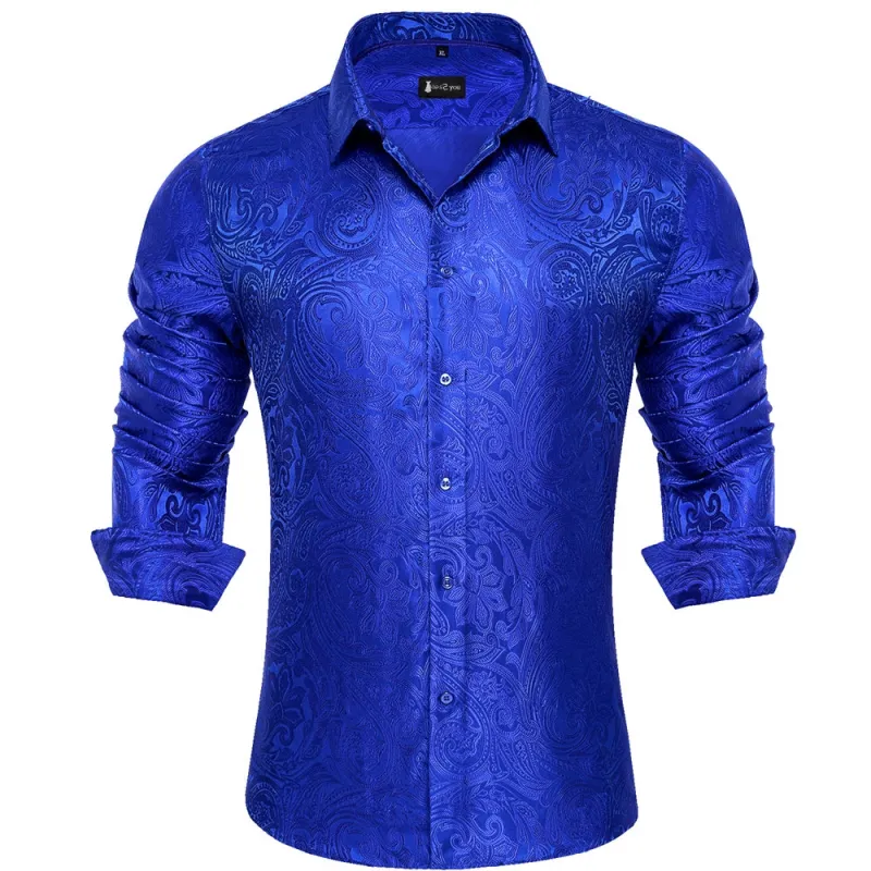 Ties2you Royal Blue Paisley Button Up Silk Long Sleeve Men's Shirt sold by Ties2You