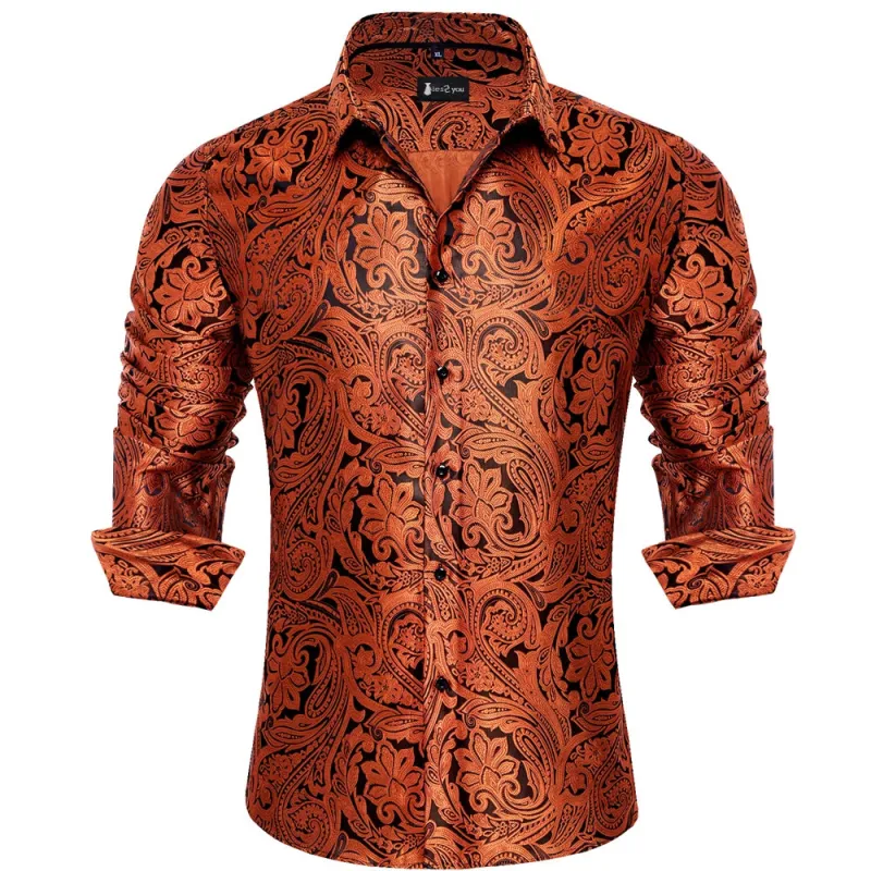 Ties2you Brown Paisley Button Up Silk Long Sleeve Men's Shirt sold by Ties2You