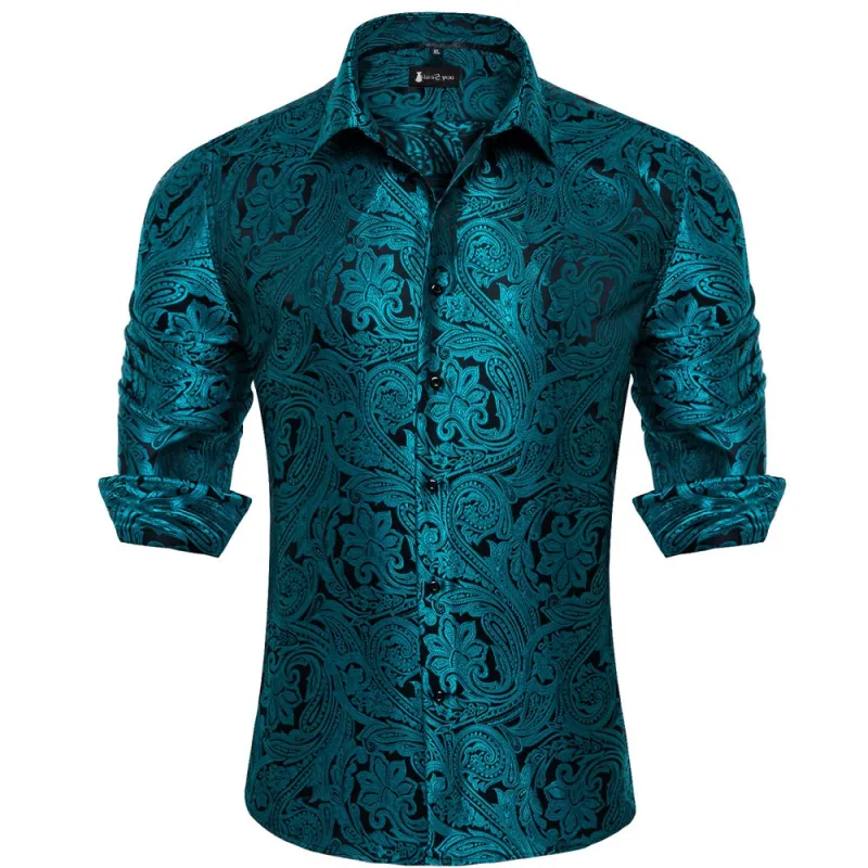 Ties2you Mens Teal Dress Shirt Paisley Wrinkle Free Long Sleeve Button Down Shirt sold by Ties2You