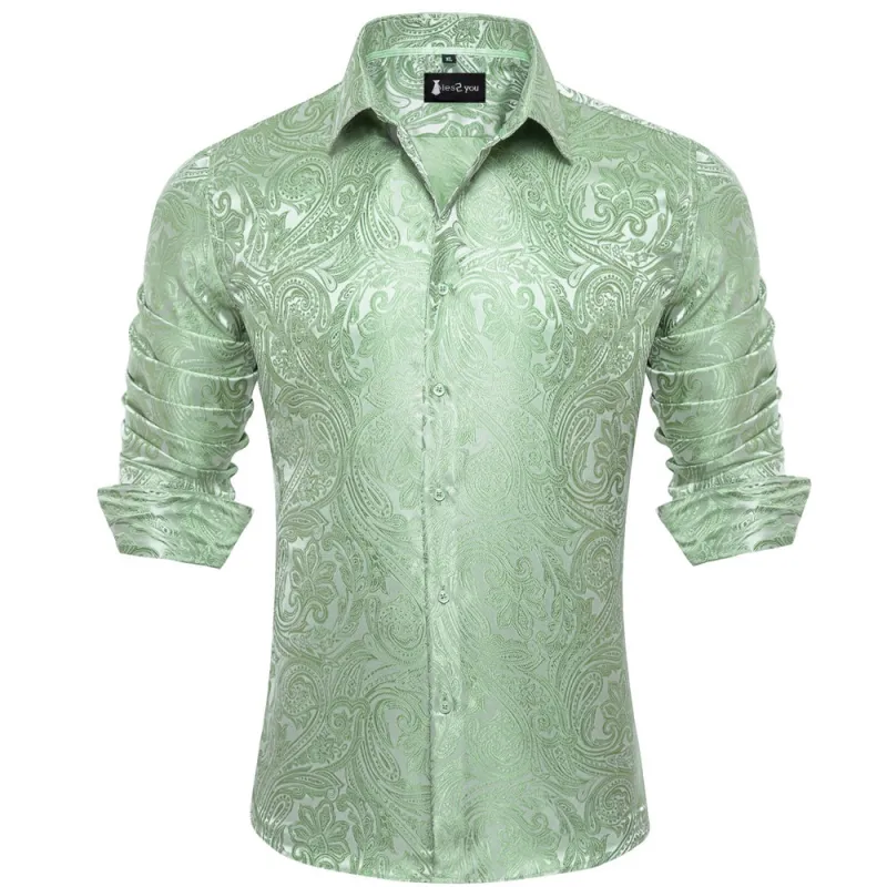 Ties2you Light Green Paisley Button Up Silk Long Sleeve Men's Shirt sold by Ties2You