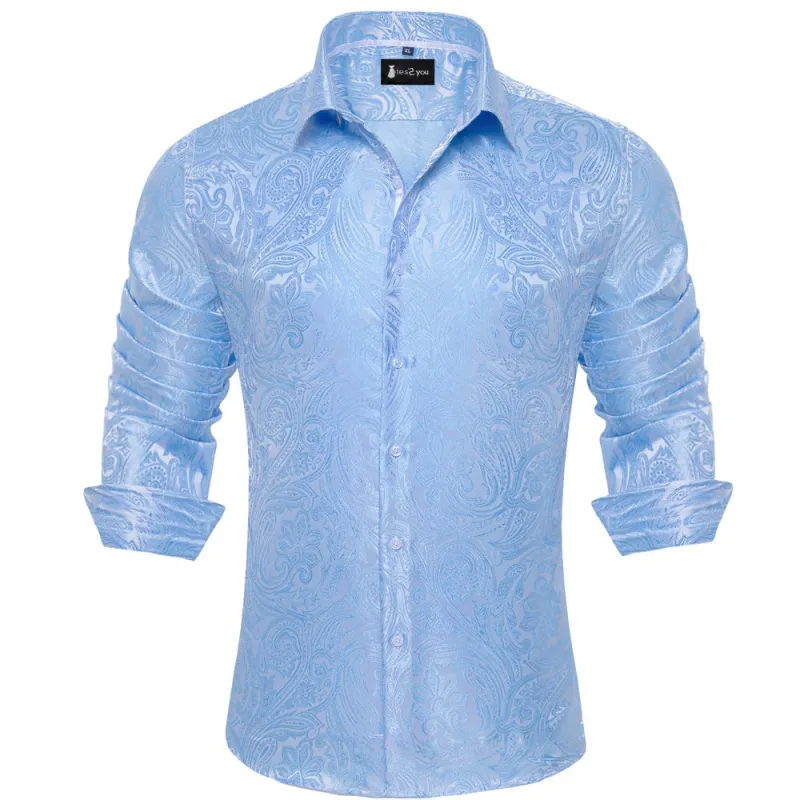 Ties2you Sky Blue Paisley Button Up Silk Long Sleeve Men's Shirt sold by Ties2You