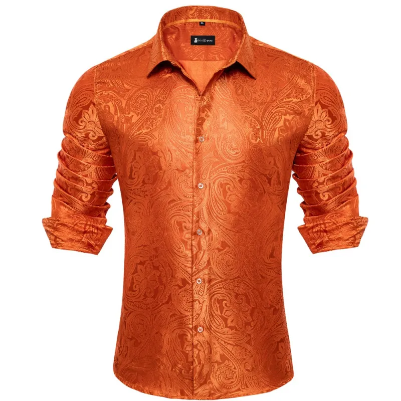 Ties2you Orange Paisley Button Up Silk Long Sleeve Men's Shirt sold by Ties2You