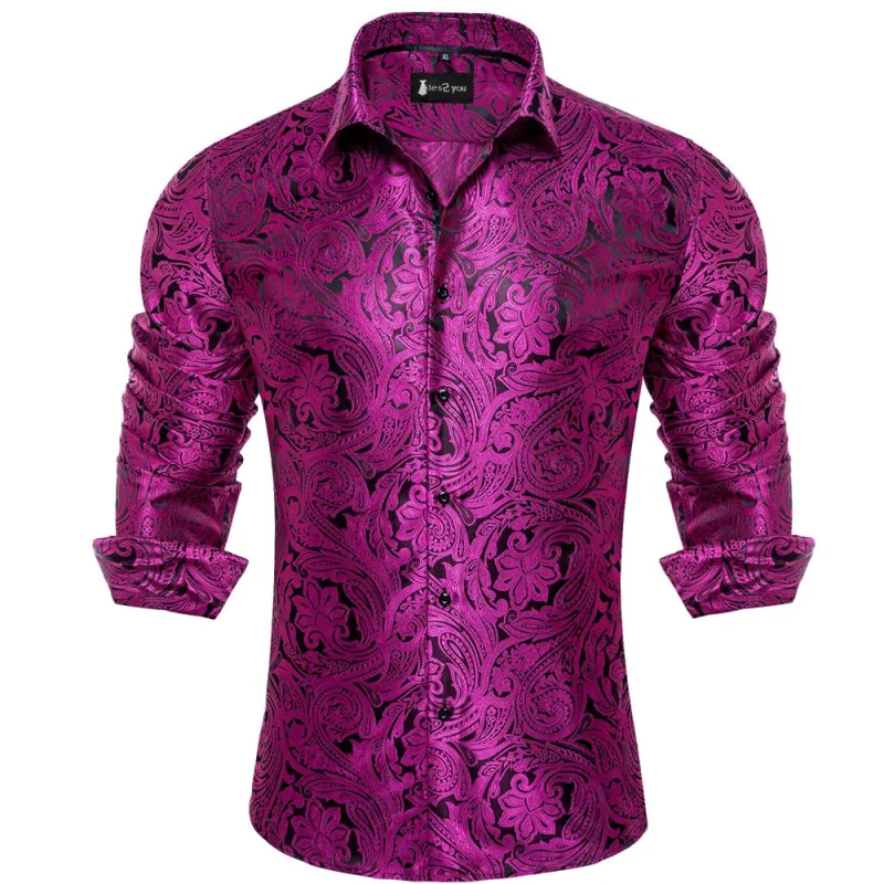 Ties2you Black Purple Paisley Button Up Silk Long Sleeve Men's Shirt sold by Ties2You