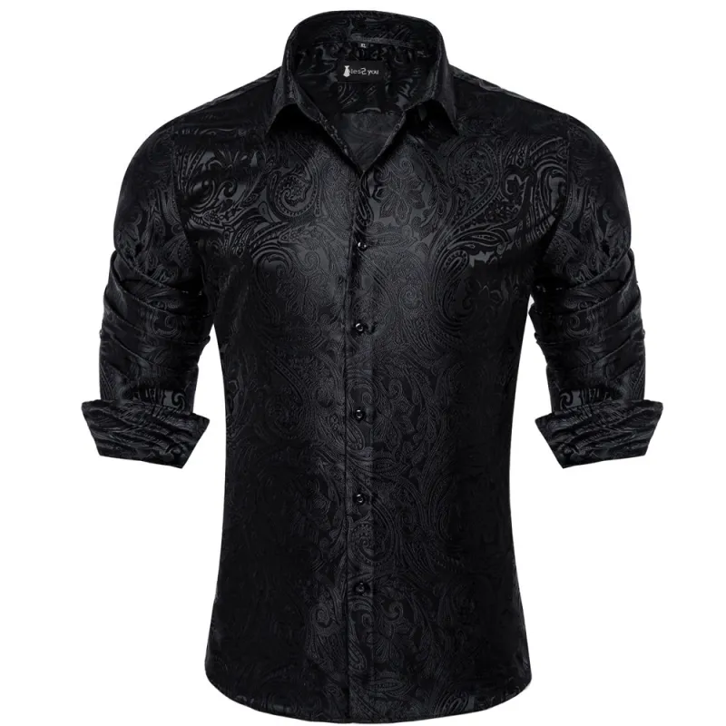 Ties2you Black Paisley Button Up Silk Long Sleeve Men's Shirt sold by Ties 2 You