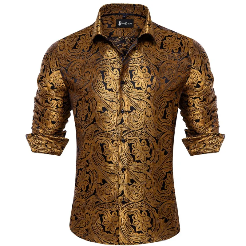 Ties2you Black Gold Paisley Button Up Silk Long Sleeve Men's Shirt sold by Ties2You