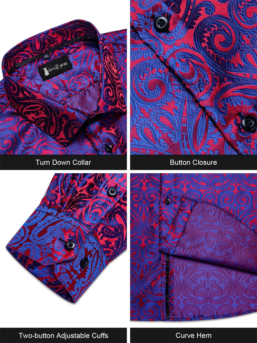 Ties2you Midnight Blue Red Paisley Button Up Silk Long Sleeve Men's Shirt sold by Ties2You product image thumbnail 4