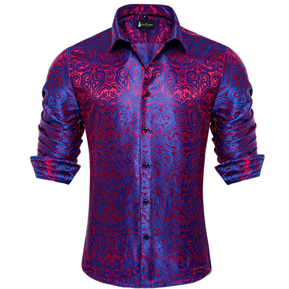 Ties2you Midnight Blue Red Paisley Button Up Silk Long Sleeve Men's Shirt sold by Ties2You