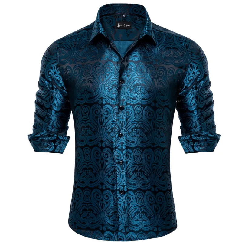 Ties2you Dark Blue Paisley Button Up Silk Long Sleeve Men's Shirt sold by Ties2You