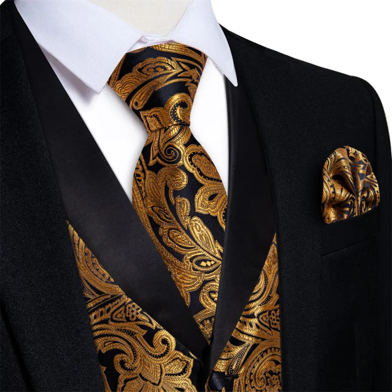 Ties2you Mens Shawl Collar Dress Vest Gold Paisley Suit Vest Tie Hanky Cufflinks Set sold by Ties2You