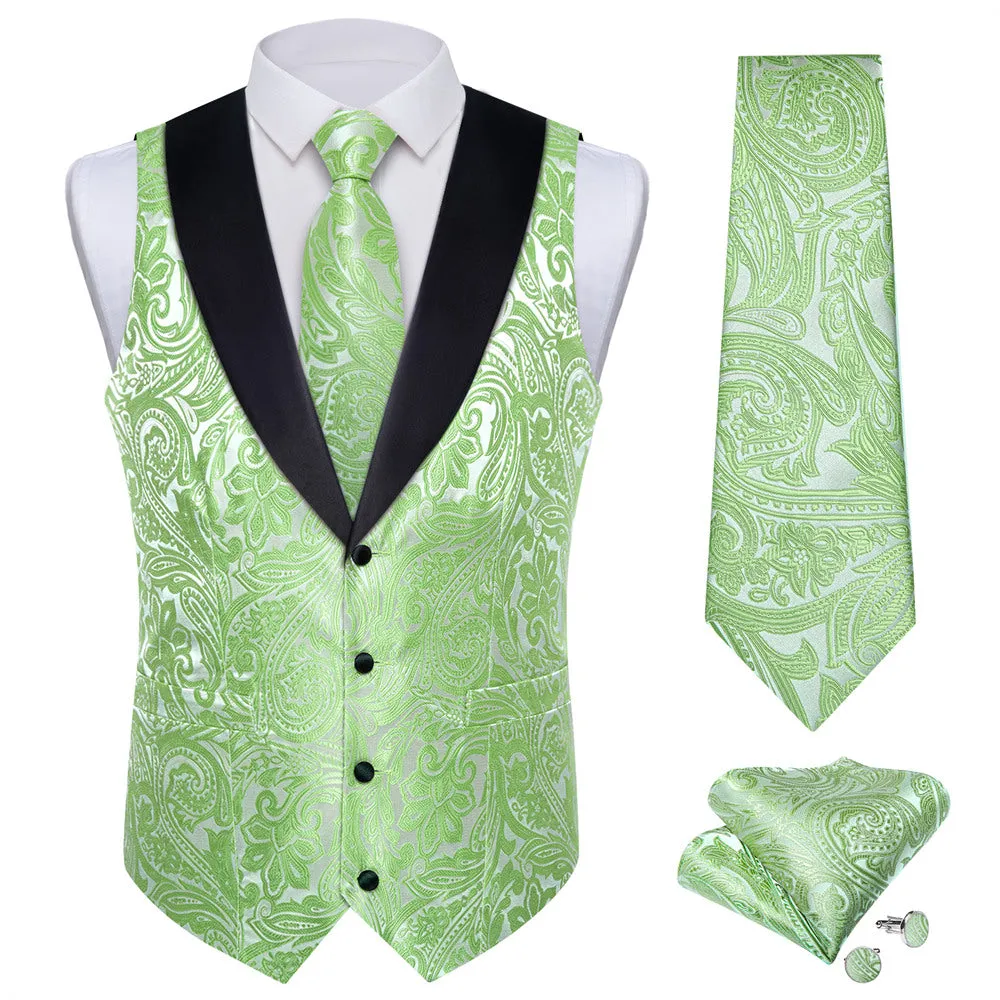 Ties2you Dress Vest Light Green Paisley Shawl Collar Silk Mens Waistcoat Tie Set sold by Ties2You product image thumbnail 3