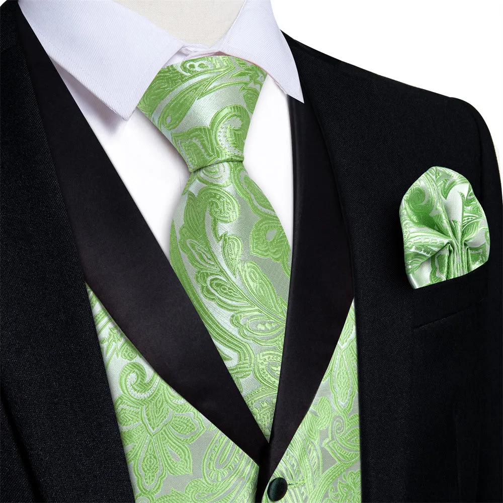 Ties2you Dress Vest Light Green Paisley Shawl Collar Silk Mens Waistcoat Tie Set sold by Ties2You
