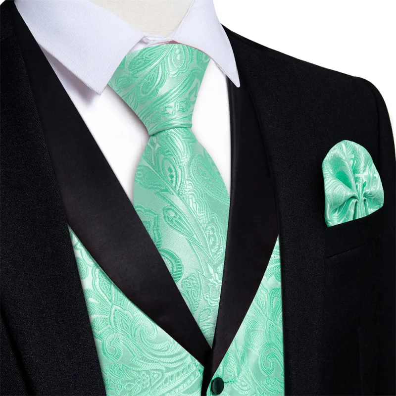 Ties2you Dress Vest Bright Green Paisley Shawl Collar Silk Mens Waistcoat Tie Set made by Ties2You