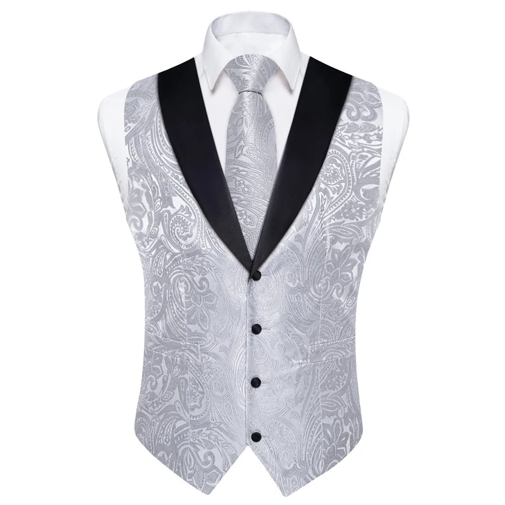 Ties2you Dress Vest Silver Paisley Shawl Collar Silk Mens Waistcoat Tie Set sold by Ties2You product image thumbnail 3