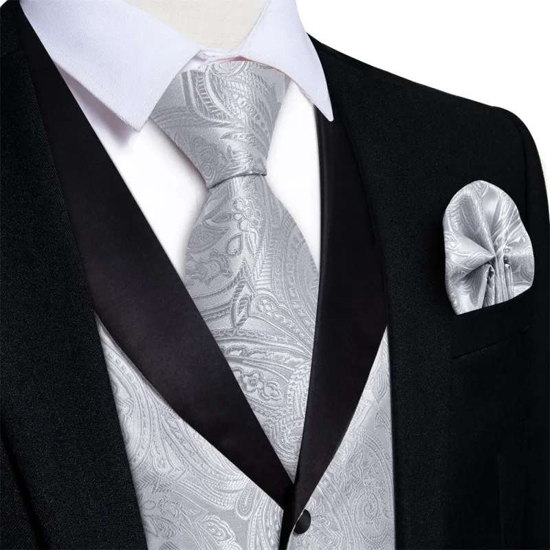 Ties2you Dress Vest Silver Paisley Shawl Collar Silk Mens Waistcoat Tie Set sold by Ties2You
