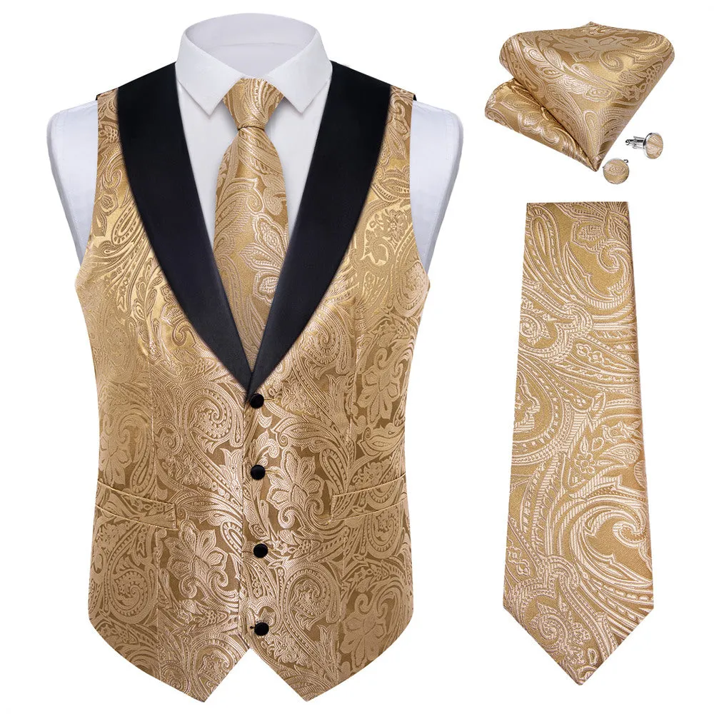 Ties2you Dress Vest Champagne Paisley Shawl Collar Silk Mens Waistcoat Tie Set sold by Ties2You product image thumbnail 3