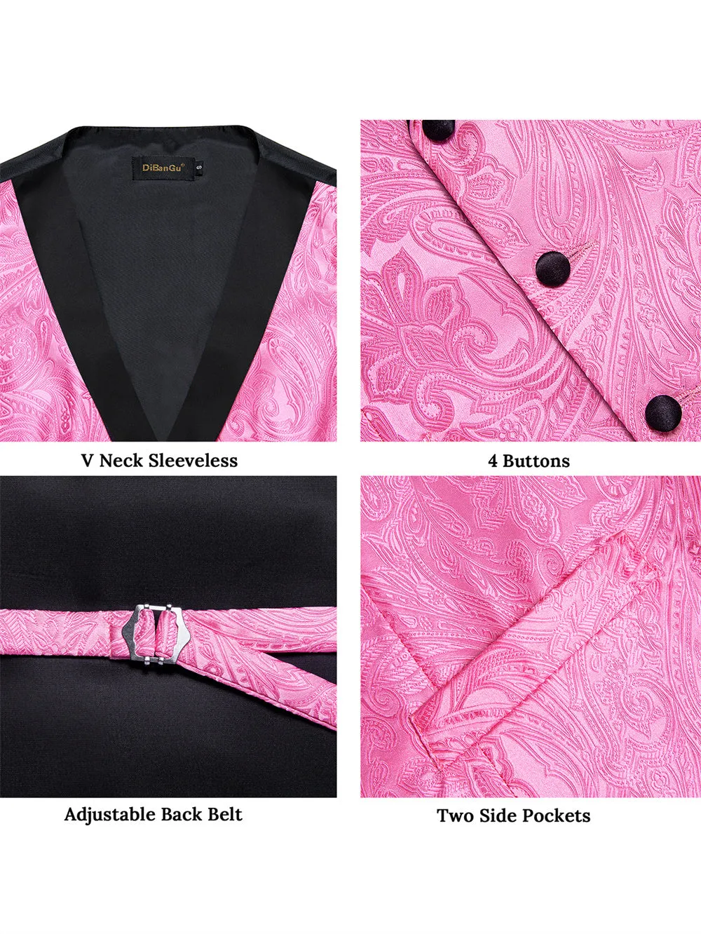 Ties2you Dress Vest Rose Pink Paisley Shawl Collar Silk Mens Waistcoat Tie Set sold by Ties2You product image thumbnail 5