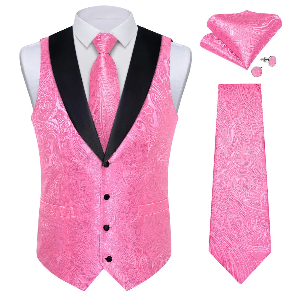Ties2you Dress Vest Rose Pink Paisley Shawl Collar Silk Mens Waistcoat Tie Set sold by Ties2You product image thumbnail 3