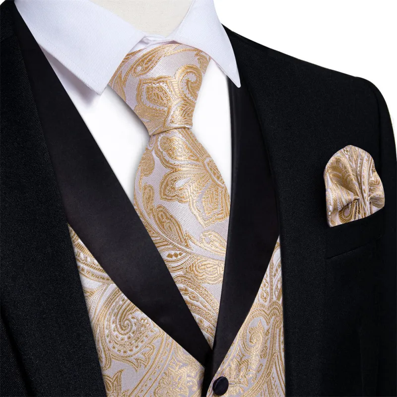 Ties2you Dress Vest Champagne Paisley Shawl Collar Silk Mens Waistcoat Tie Set sold by Ties2You