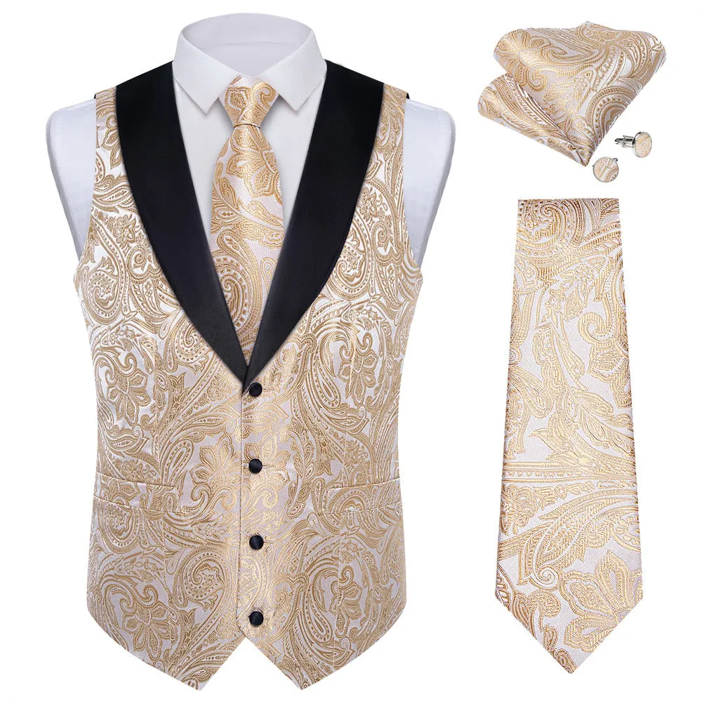 Ties2you Dress Vest Champagne Paisley Shawl Collar Silk Mens Waistcoat Tie Set sold by Ties2You product image thumbnail 3
