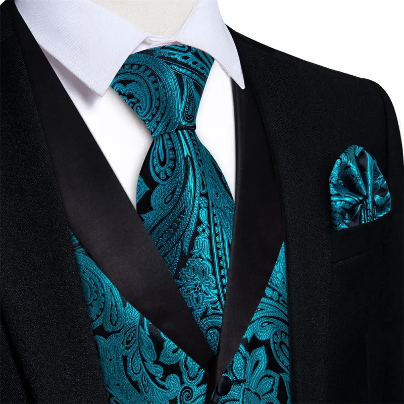 Ties2you Dress Vest Teal Blue Paisley Shawl Collar Silk Mens Waistcoat Tie Set sold by Ties2You