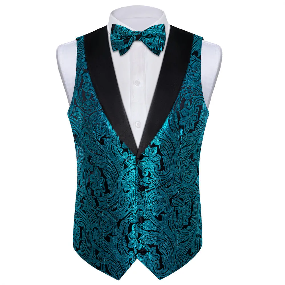 Ties2you Dress Vest Teal Blue Paisley Shawl Collar Silk Mens Waistcoat Tie Set sold by Ties2You product image thumbnail 4