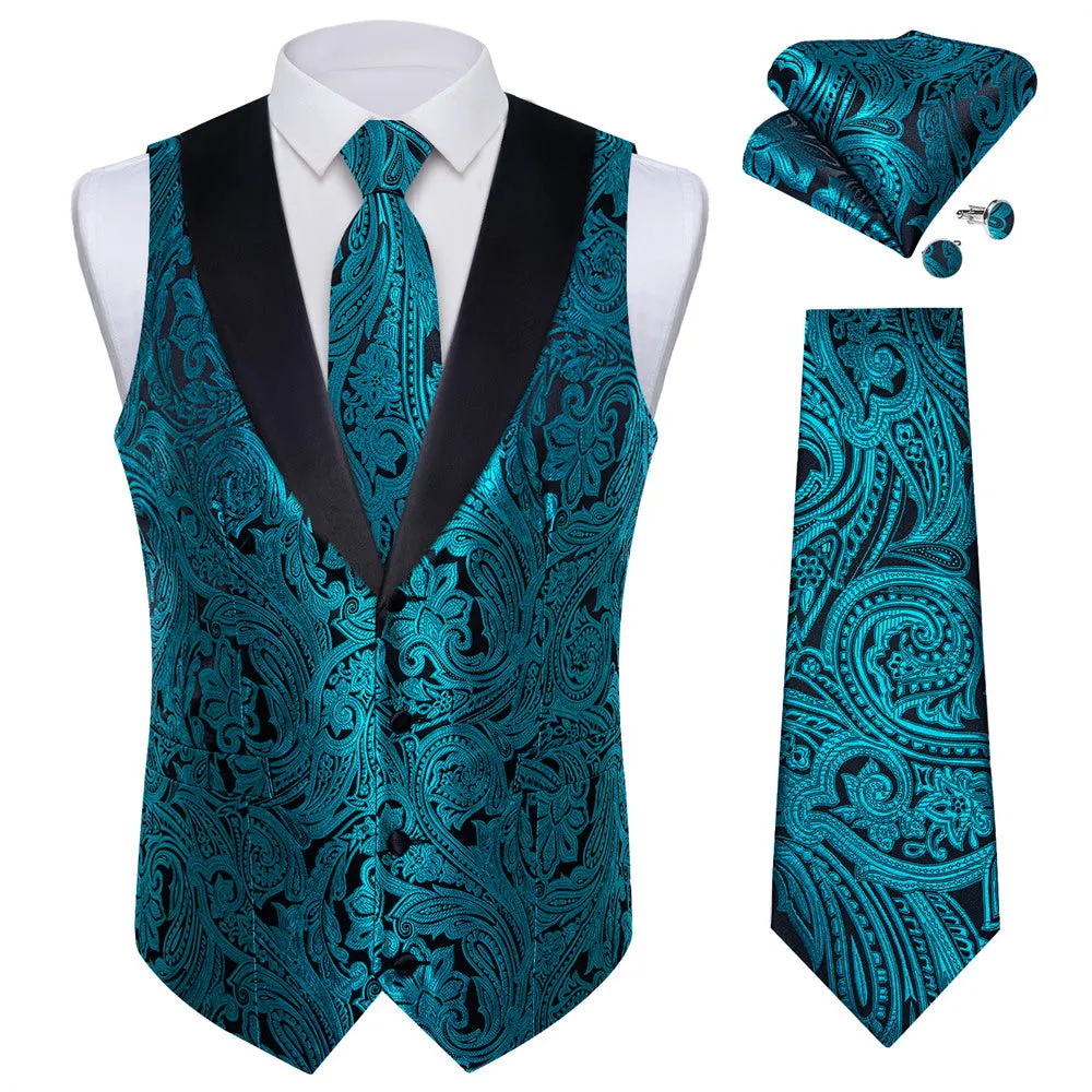 Ties2you Dress Vest Teal Blue Paisley Shawl Collar Silk Mens Waistcoat Tie Set sold by Ties2You product image thumbnail 3