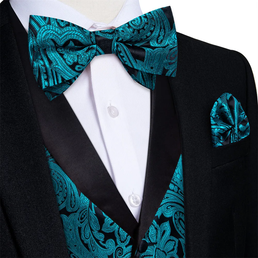 Ties2you Dress Vest Teal Blue Paisley Shawl Collar Silk Mens Waistcoat Tie Set sold by Ties2You product image thumbnail 2
