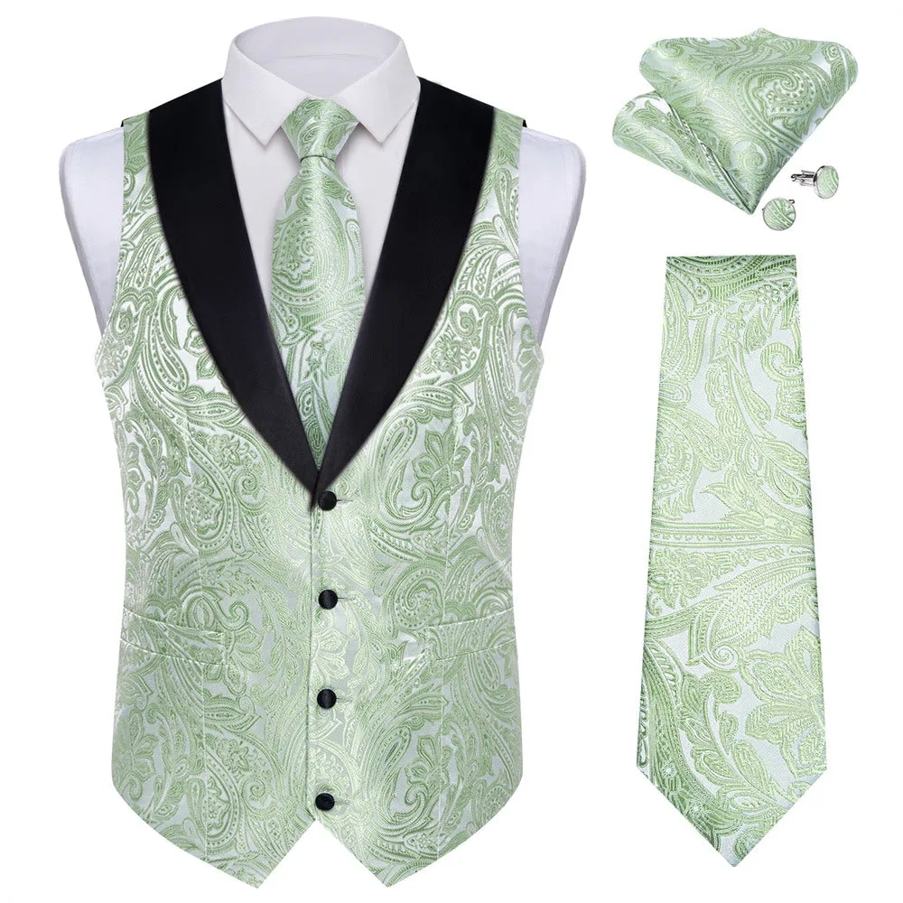 Ties2you Dress Vest Light Sage Green Paisley Shawl Collar Silk Mens Waistcoat Tie Set sold by Ties2You product image thumbnail 3