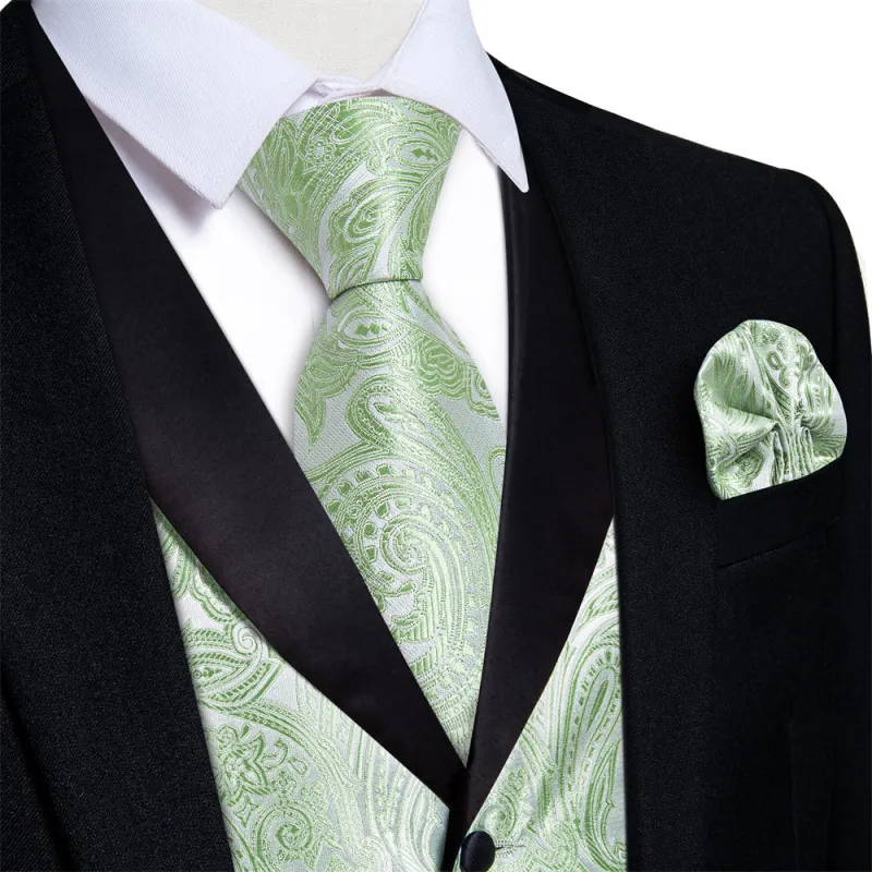 Ties2you Dress Vest Light Sage Green Paisley Shawl Collar Silk Mens Waistcoat Tie Set made by Ties2You