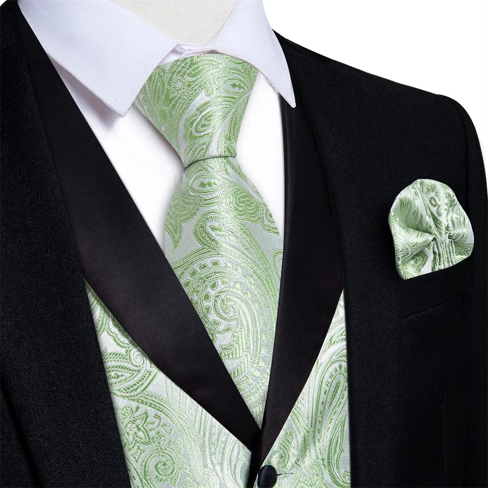 Ties2you Dress Vest Light Sage Green Paisley Shawl Collar Silk Mens Waistcoat Tie Set sold by Ties2You
