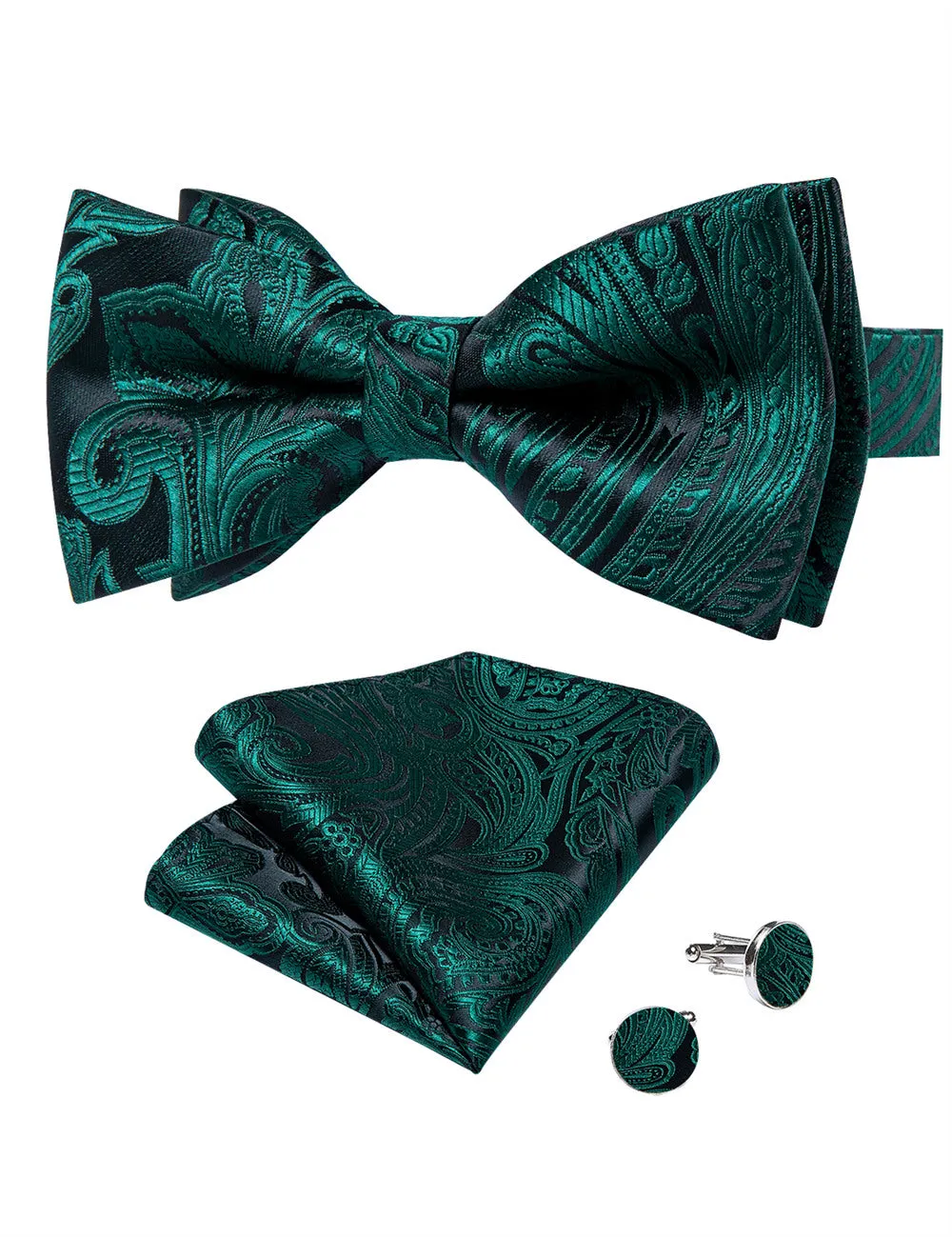 Ties2you Dark Green Paisley Pre-tied Bow Tie Pocket Square Cufflinks Set For Dress sold by Ties2You product image thumbnail 3