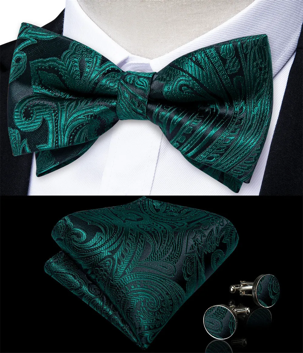 Ties2you Dark Green Paisley Pre-tied Bow Tie Pocket Square Cufflinks Set For Dress sold by Ties2You product image thumbnail 2