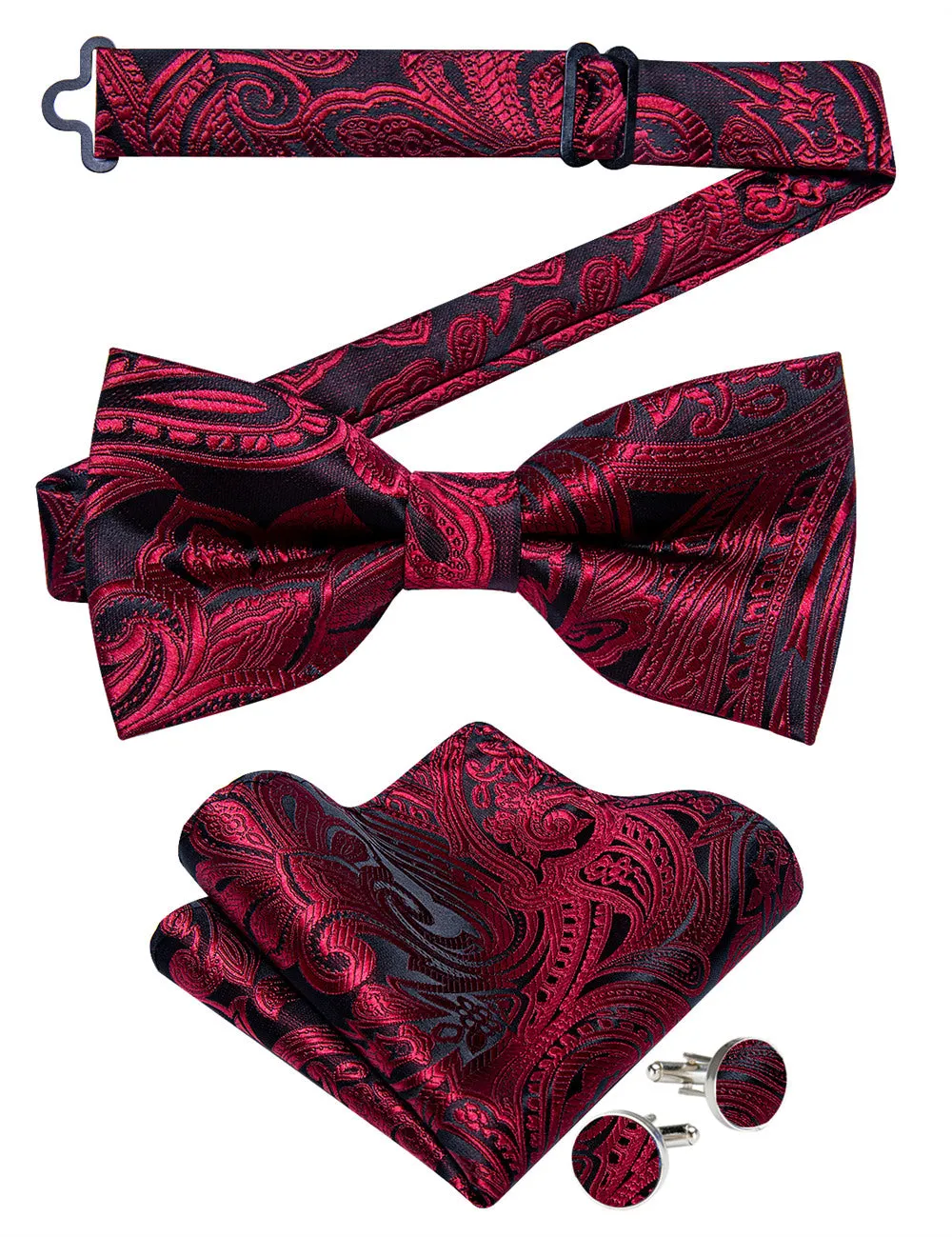Ties2you Burgundy Paisley Pre-tied Bow Tie Pocket Square Cufflinks Set For Dress sold by Ties2You product image thumbnail 3