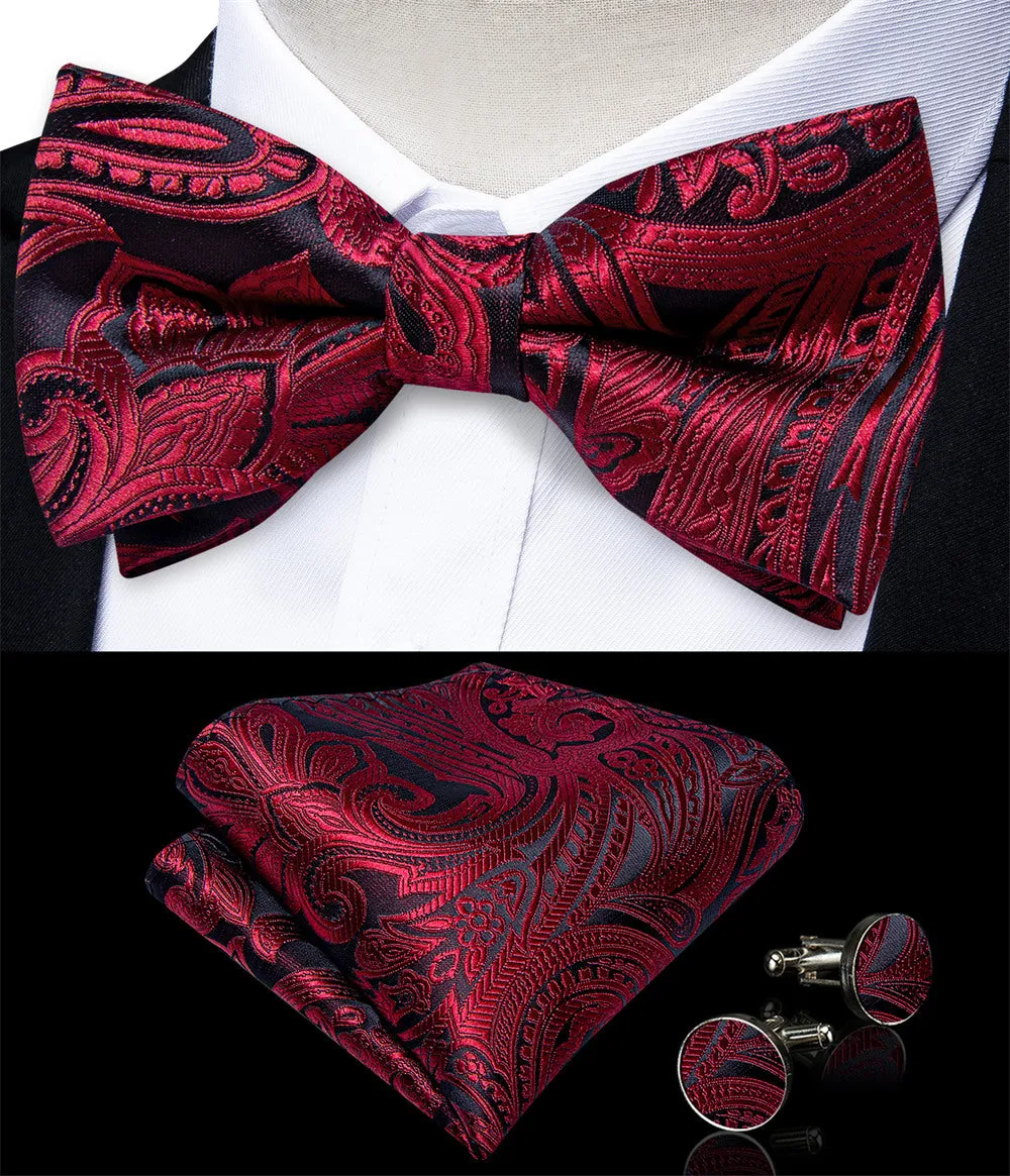 Ties2you Burgundy Paisley Pre-tied Bow Tie Pocket Square Cufflinks Set For Dress sold by Ties2You product image thumbnail 2