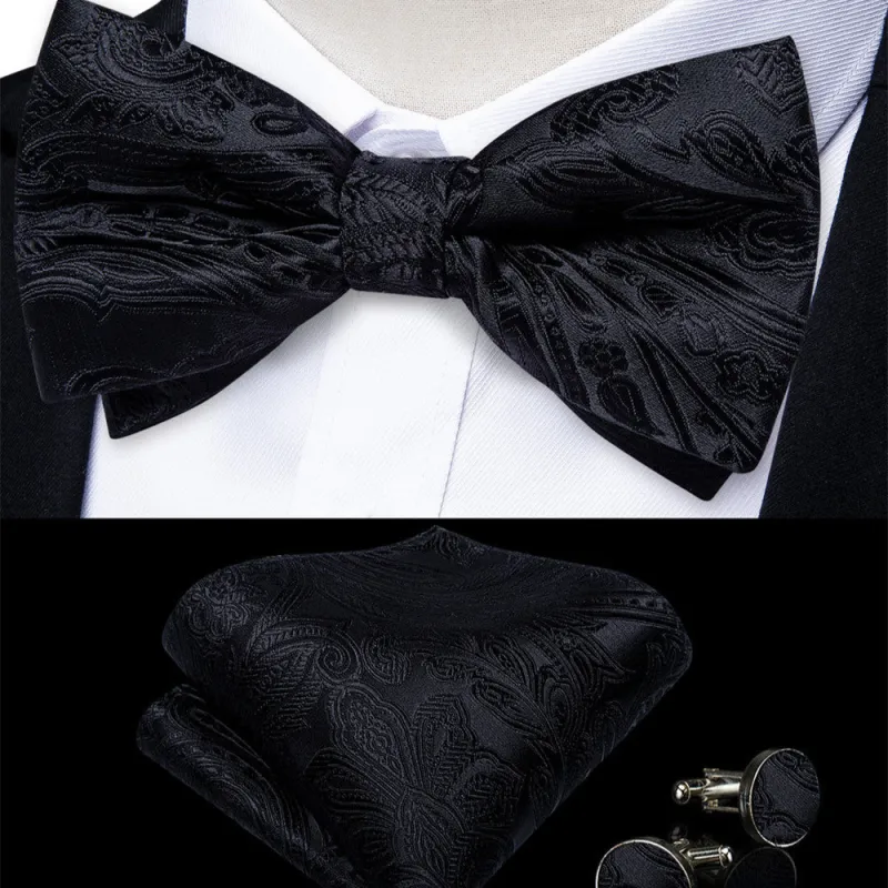 Ties2you Black Paisley Pre-tied Bow Tie Pocket Square Cufflinks Set sold by Ties2You