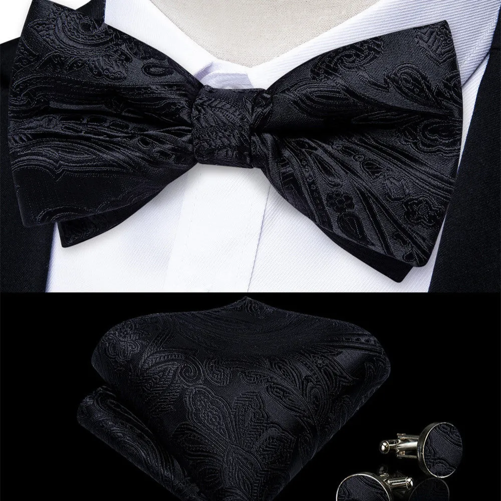Ties2you Black Paisley Pre-tied Bow Tie Pocket Square Cufflinks Set sold by Ties2You