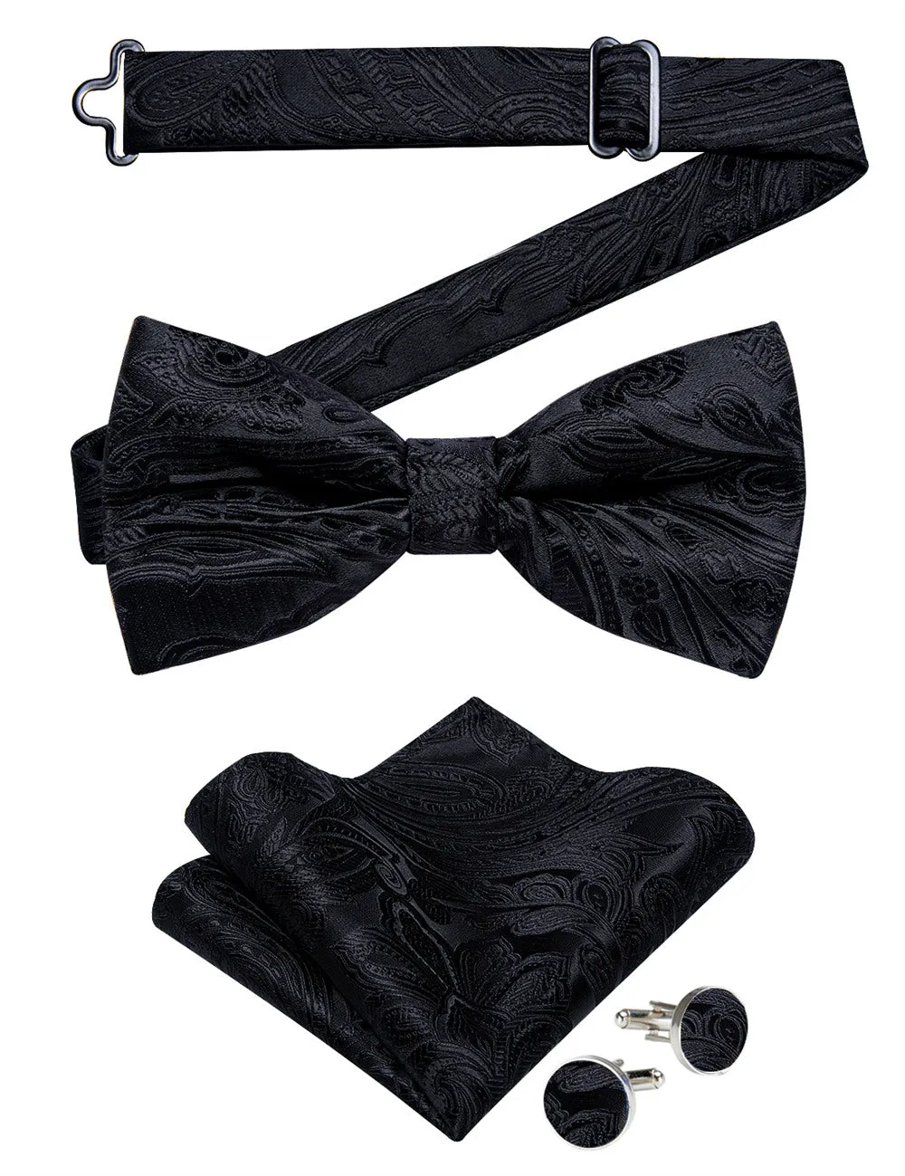 Ties2you Black Paisley Pre-tied Bow Tie Pocket Square Cufflinks Set sold by Ties2You product image thumbnail 5