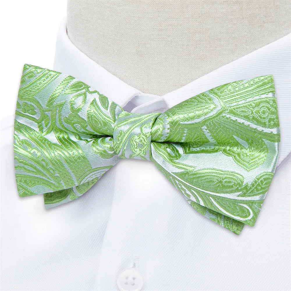 Ties2you Light Green Paisley Pre-tied Bow Tie Pocket Square Cufflinks Set sold by Ties2You product image thumbnail 2