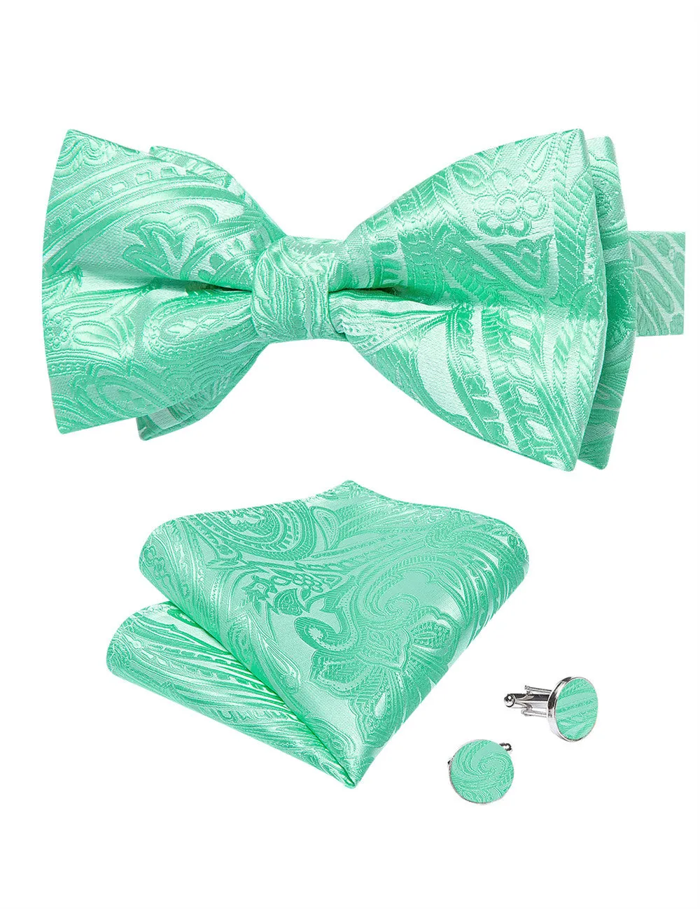Ties2you Bright Green Paisley Pre-tied Bow Tie Pocket Square Cufflinks Set sold by Ties2You product image thumbnail 3