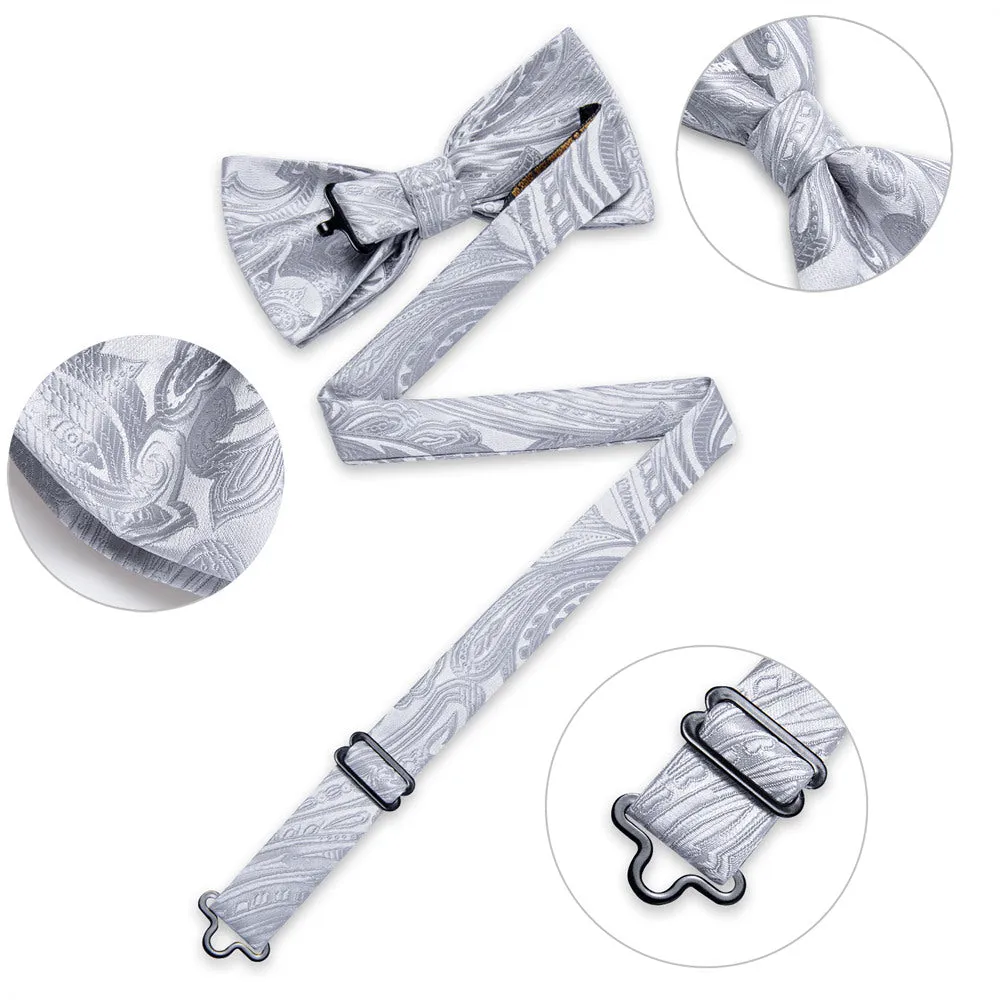 Ties2you Silver Paisley Pre-tied Bow Tie Pocket Square Cufflinks Set sold by Ties2You product image thumbnail 3