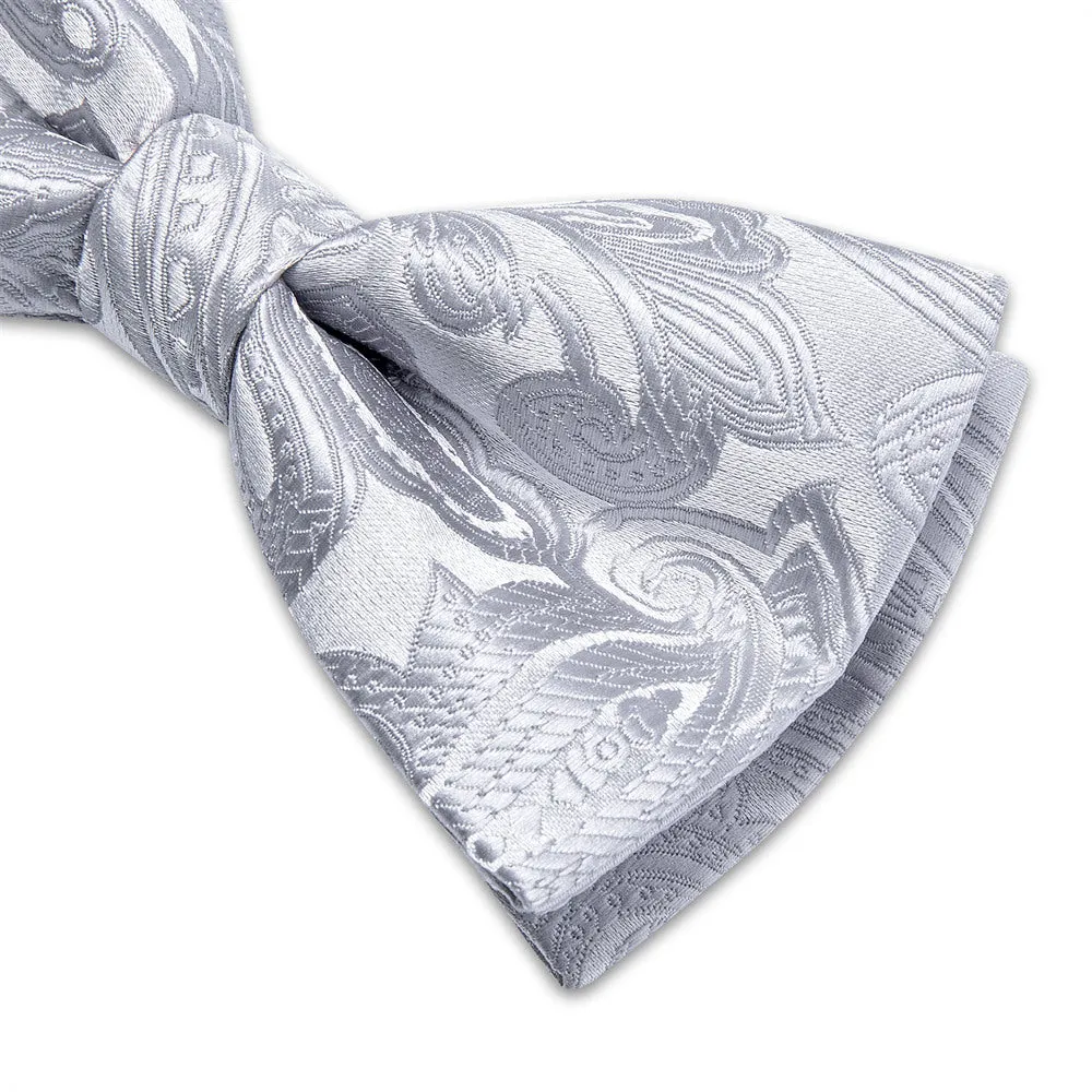 Ties2you Silver Paisley Pre-tied Bow Tie Pocket Square Cufflinks Set sold by Ties2You product image thumbnail 4