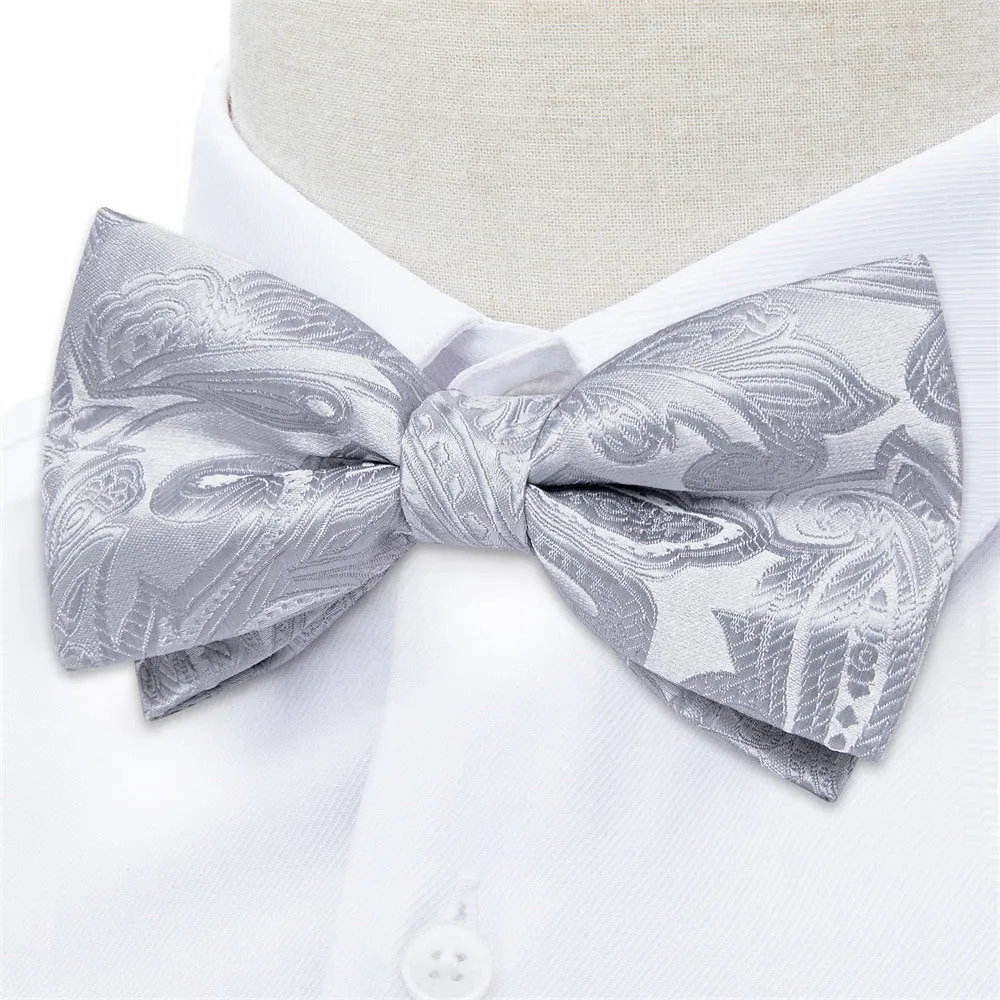 Ties2you Silver Paisley Pre-tied Bow Tie Pocket Square Cufflinks Set sold by Ties2You product image thumbnail 2