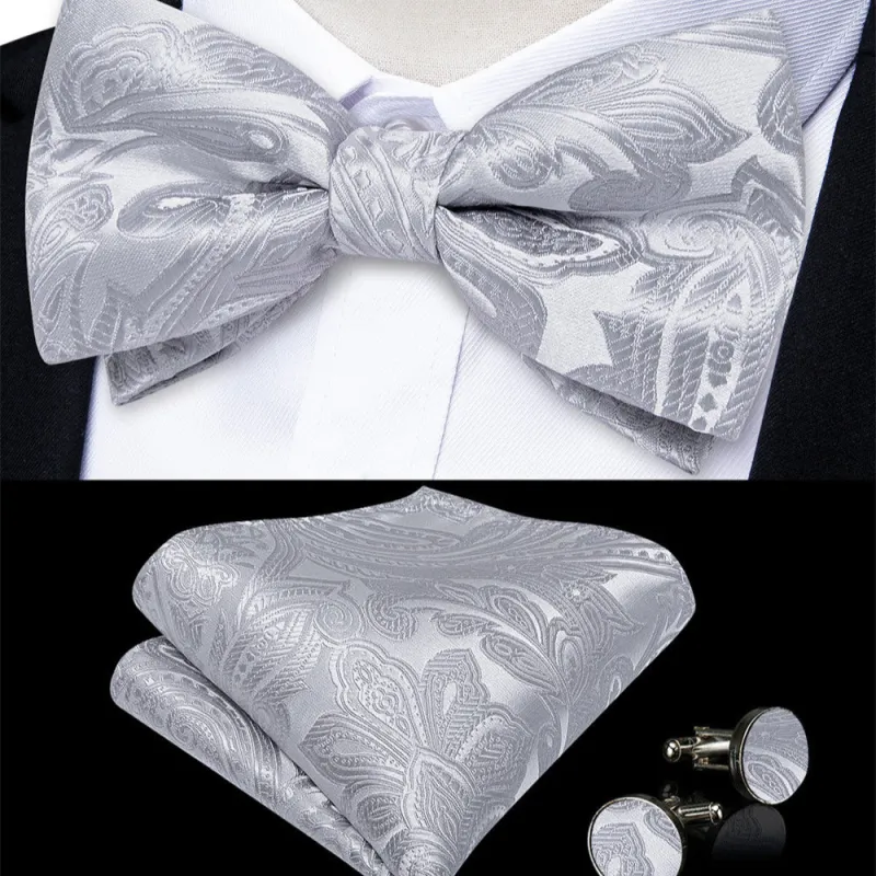 Ties2you Silver Paisley Pre-tied Bow Tie Pocket Square Cufflinks Set sold by Ties2You
