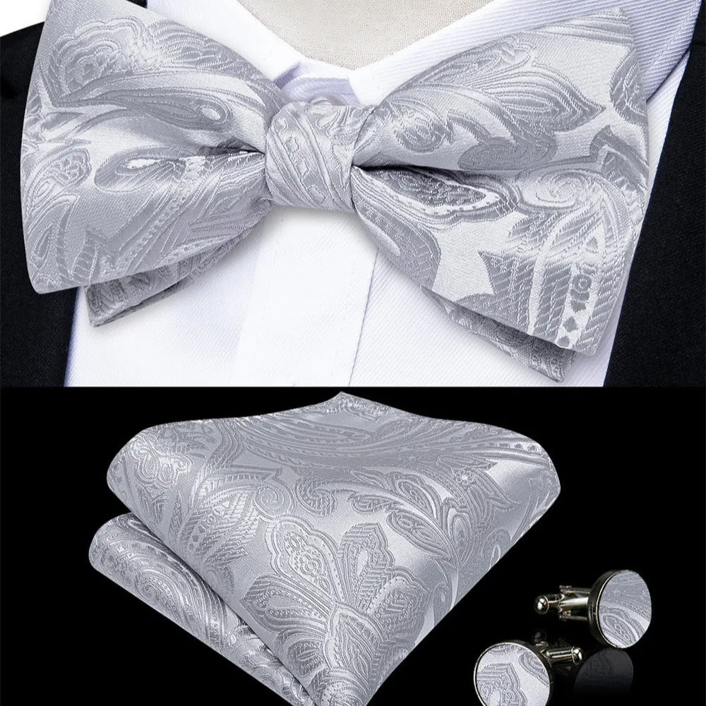Ties2you Silver Paisley Pre-tied Bow Tie Pocket Square Cufflinks Set sold by Ties2You