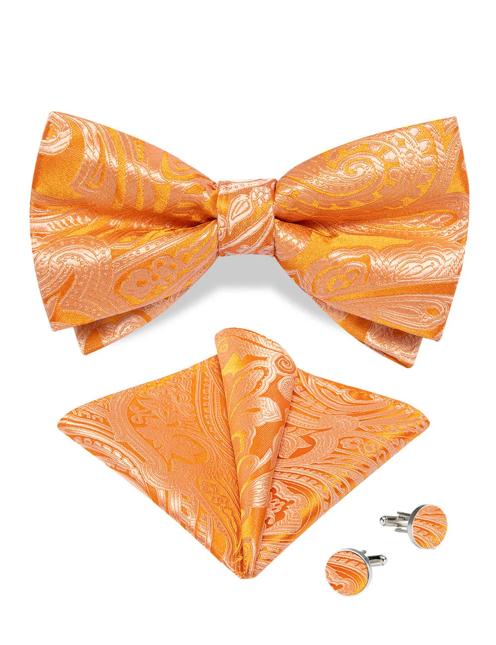 Ties2you Orange Paisley Pre-tied Bow Tie Pocket Square Cufflinks Set sold by Ties2You product image thumbnail 4