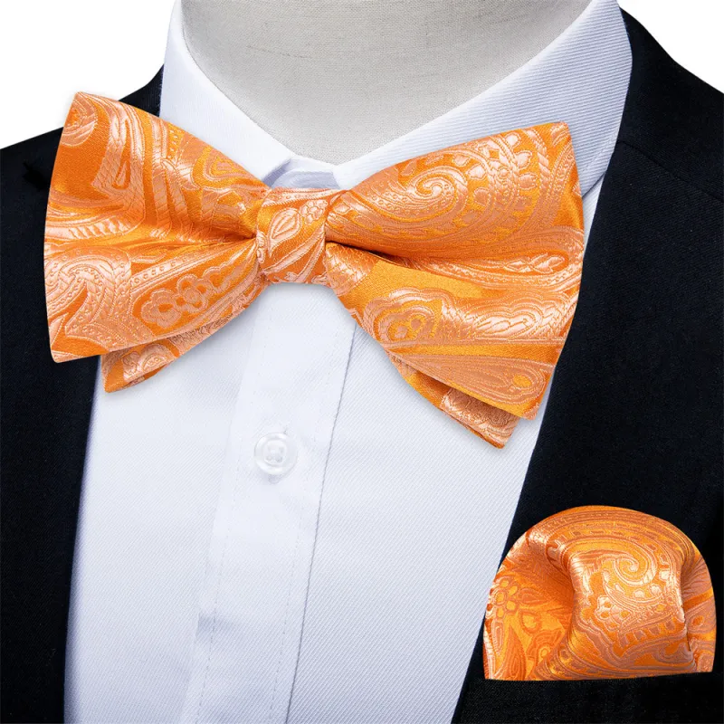 Ties2you Orange Paisley Pre-tied Bow Tie Pocket Square Cufflinks Set sold by Ties2You