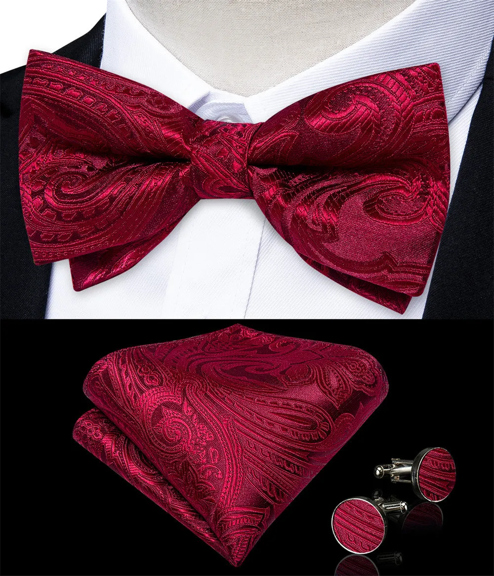 Ties2you Burgundy Paisley Pre-tied Bow Tie Pocket Square Cufflinks Set sold by Ties2You product image thumbnail 3