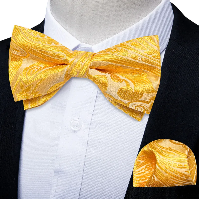 Ties2you Yellow Paisley Pre-tied Bow Tie Poket Square Cufflinks Set For Dress sold by Ties2You