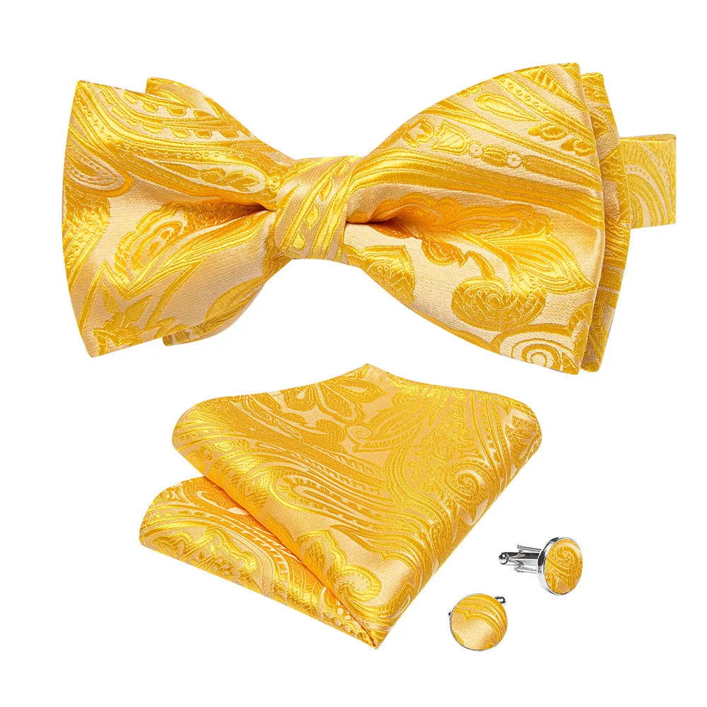Ties2you Yellow Paisley Pre-tied Bow Tie Poket Square Cufflinks Set For Dress sold by Ties2You product image thumbnail 3