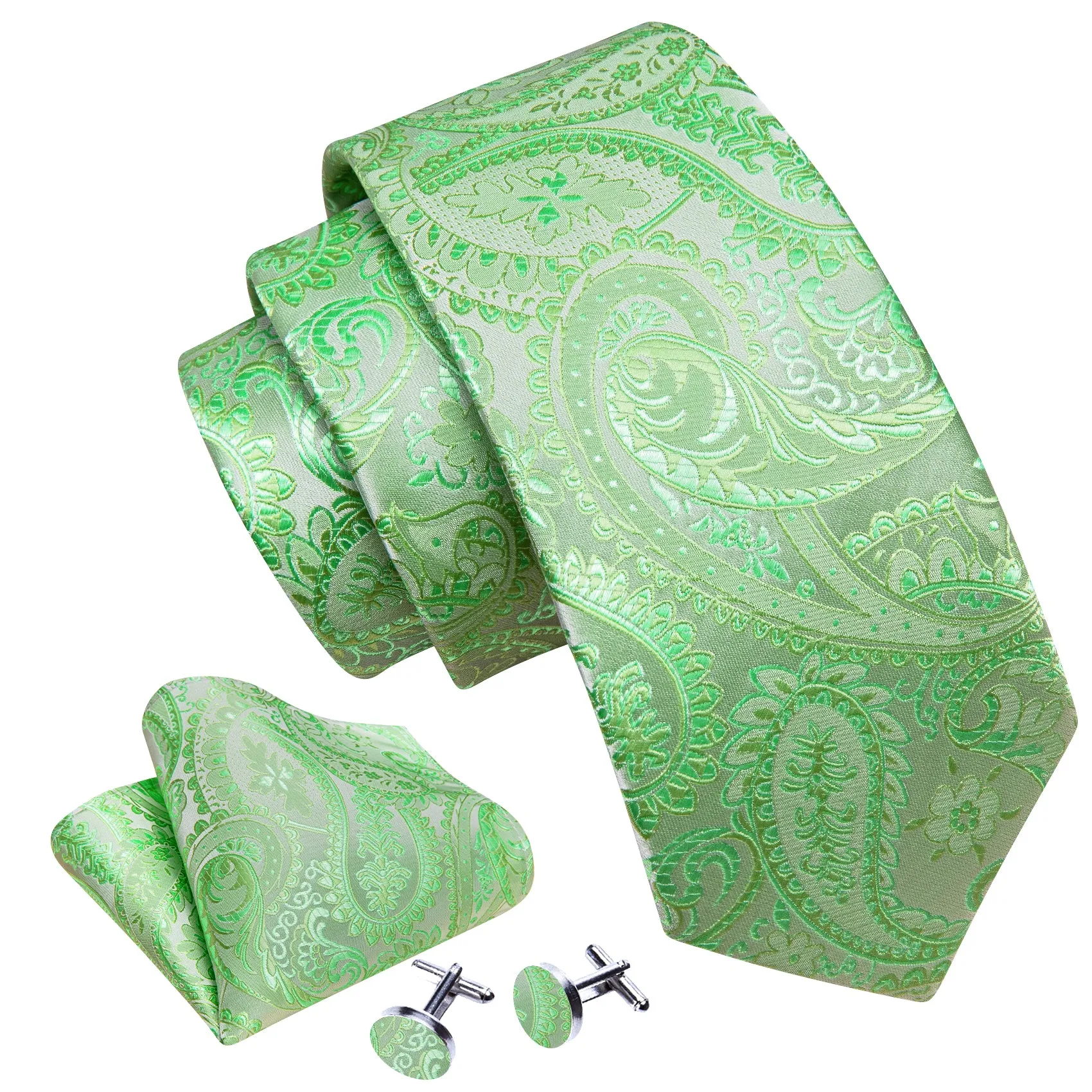 Green Paisley Flower Silk Necktie Pocket Square Cufflinks Set sold by Ties2You product image thumbnail 2